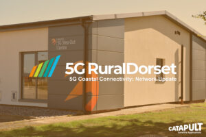 Building with "5G RuralDorset" and "Catapult Satellite Applications" logos on the exterior wall.