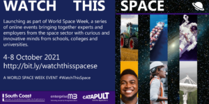 Promotional graphic for World Space Week event with diverse participants and space-related imagery.