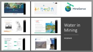 Webinar slides titled "Water in Mining" by MineSense, featuring diagrams and maps.