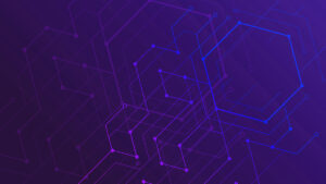 Abstract geometric pattern with interconnected hexagons and lines on a purple background.