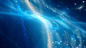 Abstract digital artwork with swirling blue and white light patterns, resembling a cosmic or underwater scene.