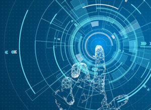 A wireframe hand interacts with a futuristic digital interface of concentric circles and technological elements.