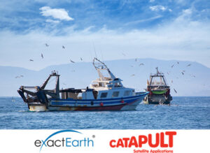 Two fishing boats on the sea with seagulls flying above, and logos for exactEarth and Catapult below.