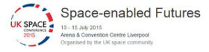 UK Space Conference 2015 logo, with "Space-enabled Futures" text, dates and location details.