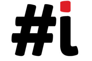 Black hashtag symbol and lowercase "i" with a red square dot on a white background.