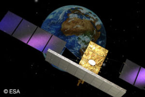 A satellite with solar panels orbits Earth against a space backdrop.