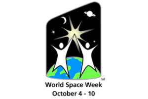 Logo of World Space Week: two figures above Earth reach for stars and planets; text reads "World Space Week October 4 - 10.