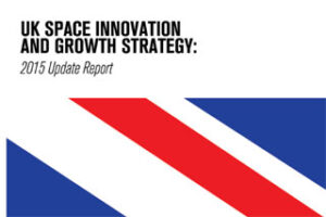 Cover of "UK Space Innovation and Growth Strategy: 2015 Update Report" with abstract UK flag design.