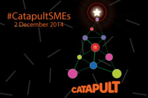 Abstract Christmas tree with colorful nodes, "#CatapultSMEs" and "2 December 2014" text on black background.