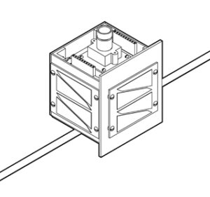 Line drawing of a small satellite with solar panels and an antenna in space.