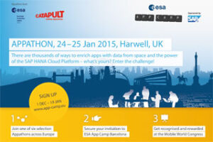 Promotional poster for "Appathon" event, 24-25 Jan 2015, in Harwell, UK, with logos and event details.