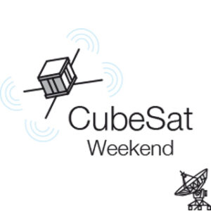 Illustration of a CubeSat with signal waves, text "CubeSat Weekend," and a small satellite dish icon.