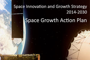 Earth view from space with satellite and text: "Space Innovation and Growth Strategy 2014-2030, Space Growth Action Plan.