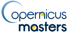 Blue and yellow logo with abstract circular design on the left.