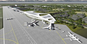 Illustration of a modern airport with parked airplanes and a futuristic terminal building, surrounded by greenery.
