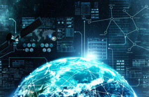 Digital globe with network lines, satellite, and data graphics in space-themed background.