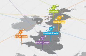 Map highlighting regions in the UK: Scottish, North East, East Midlands, South West, and South Coast.