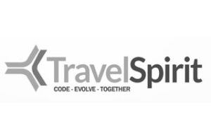 Logo with the text "TravelSpirit" and the tagline "Code - Evolve - Together" in grayscale.