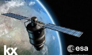 A satellite orbiting Earth with the ESA and kx logos visible.