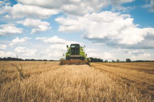 A green tractor harvesting wheat in a vast field under a partly cloudy sky.