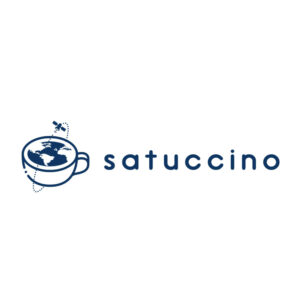 Logo of "satuccino" with a coffee cup showing continents and a satellite orbiting.