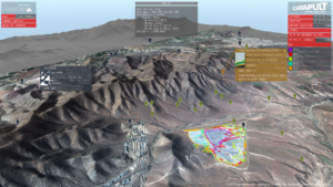 Aerial 3D map showing mountainous terrain with data overlays and highlighted flight paths.