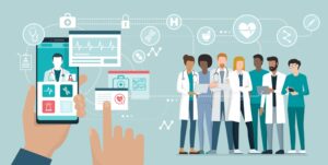 Illustration of doctors and medical icons connected to a smartphone with health data on the screen.