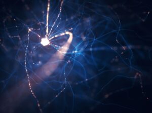 Abstract image of glowing lines and nodes resembling a neural network or light trails on a dark background.