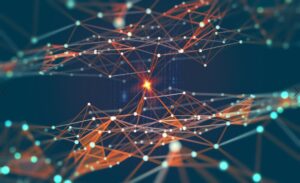 Abstract network of connected nodes with orange and white lines on a dark background, centering a bright orange point.