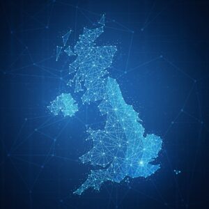 Digital map of the United Kingdom with networking lines and glowing nodes on a blue background.