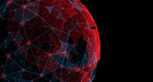 Illustration of a red and black digital globe with interconnected lines and nodes on a dark background.