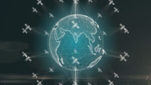 Digital globe with network lines, surrounded by satellites, symbolizing global communication and connectivity.