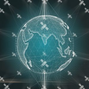 A digital globe with interconnected satellite icons, representing global communication and network.