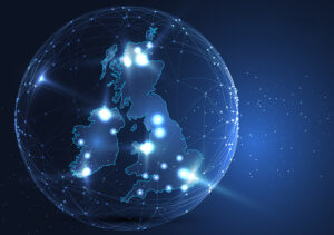 A glowing digital map of the UK with connected nodes and light patterns on a dark blue background.