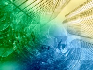 Abstract digital art with skyscrapers, binary code, and geometric patterns in green, yellow, and blue tones.