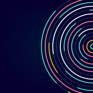 Concentric circles in vibrant colors on a dark blue background, creating an abstract, modern design.