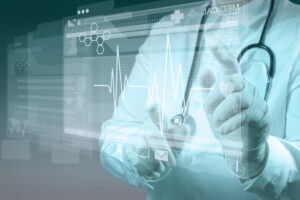 Doctor interacting with a virtual medical interface, displaying a heartbeat graph and medical icons.