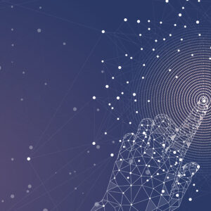 A digital hand made of white mesh points touches a pattern of concentric circles on a dark blue background.