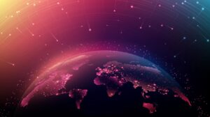 Digital globe with illuminated continents under a pink and orange gradient sky, featuring connected lines and dots.