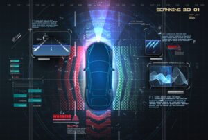 Top view of a car with digital graphics, resembling a futuristic vehicle interface and scanning technology.