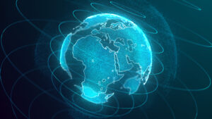 Digital globe with blue lights and orbiting lines, highlighting continents and technology theme.