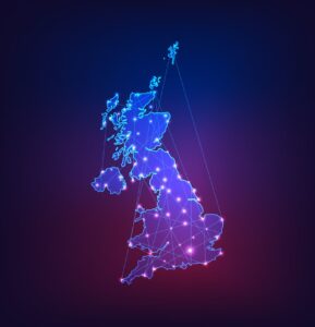 Neon map of the UK with glowing connected dots and lines on a dark background.
