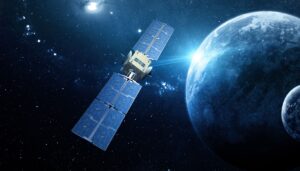 A satellite with solar panels orbits in space, with planets and a bright star in the background.