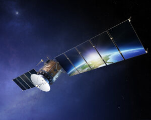 A satellite with solar panels orbiting Earth, set against a backdrop of stars and deep space.