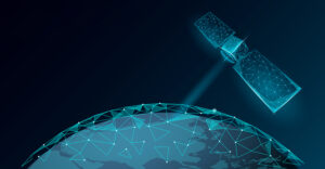 Digital illustration of a wireframe satellite orbiting Earth with connected network nodes.