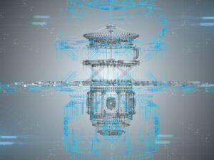 Futuristic mechanical structure with digital overlay and blue lines on a gray background.