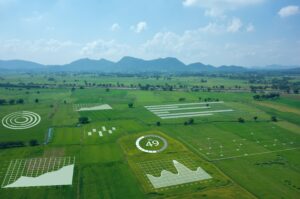 Aerial view of fields with overlaid agricultural data graphs and charts, mountains in the background.