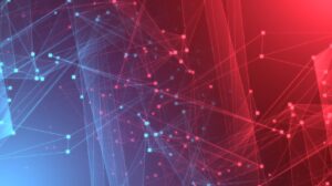 Abstract digital network lines and nodes in blue and red on a dark background, forming a dynamic, web-like pattern.