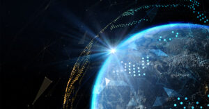 Earth from space with digital data overlays and a bright light, symbolizing technology and connectivity.