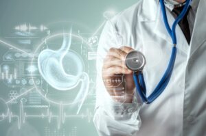 Doctor holding stethoscope with holographic medical images and diagrams in the background.